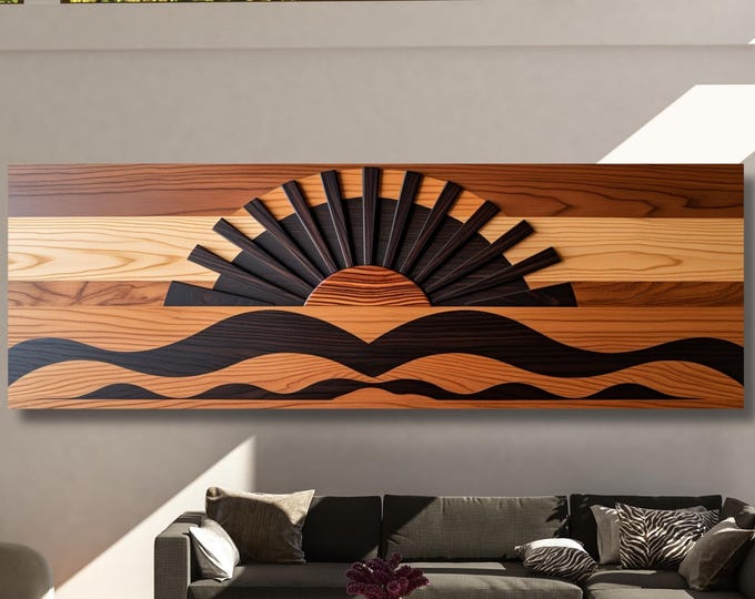 Boho Sunrise Canvas Wall Art – Wood Look Sun Print for Bedroom or Office – Natural Above Bed Decor – Earthy Bohemian Home Gift Print art