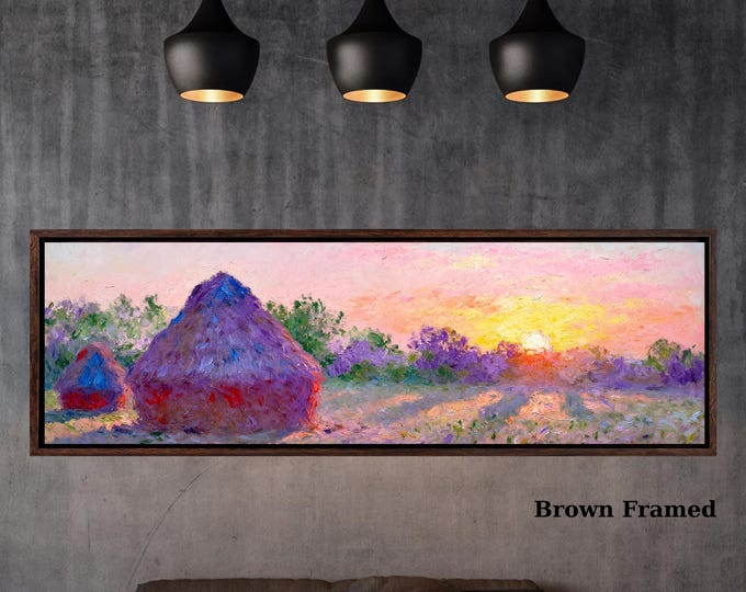 Panoramic Impressionist Haystacks Sunset Canvas Wall Art – Colorful Rural Landscape Oil Painting