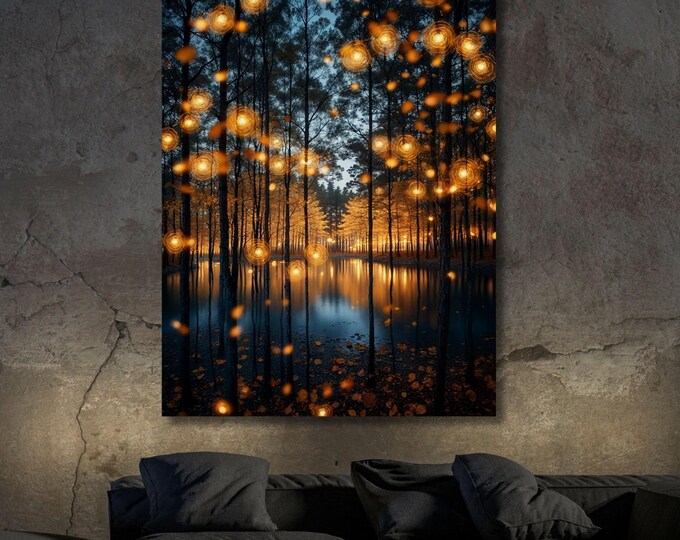 Klimt Inspired Magical Forest canvas Wall Art Botanical Firefly Lover Gift, Night Landscape Wall Art for Home and Office artful botanical