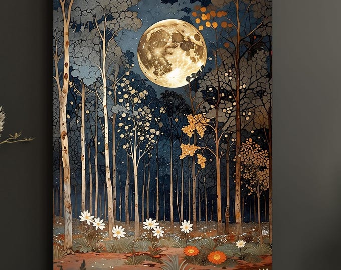 Full Moon Wildflower Canvas, Flower Garden Flower Market canvas, Moonlit Pine Tree Forest wall Art, Rustic Mountain Art, Woodland Klimt Gift