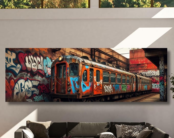 Panoramic Graffiti Subway Train Canvas Print, Urban Street Art Wall Decor, Industrial NYC Pop Art, Modern Graffiti Wall Art Canvas Banksy