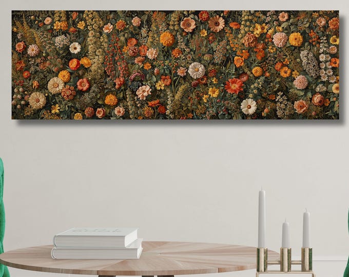 Floral Panorama Canvas Art, Moody Botanical Wildflower Wall Decor, Framed Garden Print Ready to Hang, Large Horizontal Flower Poster Art