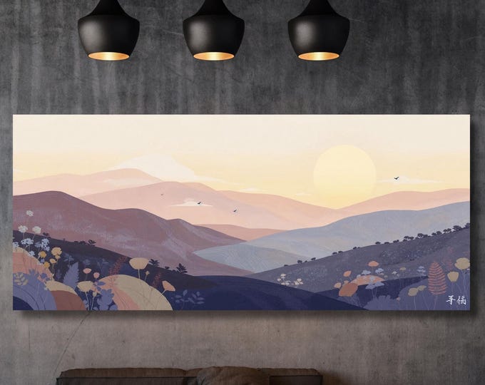 Boho Sunrise Mountain Print Minimalist Rolling Hills Wall Art for Above Bed Decor, Hallway Accent or Luxury Modern Home Interior Style art