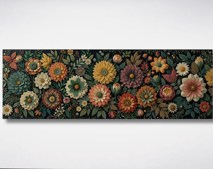 Botanical Garden Wildflowers Pattern Canvas Wall Art Botanical Ready to Hang Horizontal Decor Extra Large Wall Art Framed Art Home Poster
