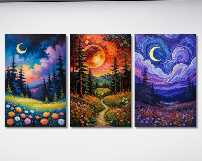 Set of 3 Klimt Style Night Full Moon & Crescent Canvas, Golden Stars Wall Art, Modern Flowers Night Sky Print, Celestial Bedroom Decor Art