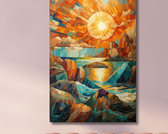Long Sunshine Canvas, Bedroom Wall Art, Sunrise Mosaic Wall Art Above Panoramic Sun Wall Art Christmas Gift Artwork Sunset Canvas Wall Art
