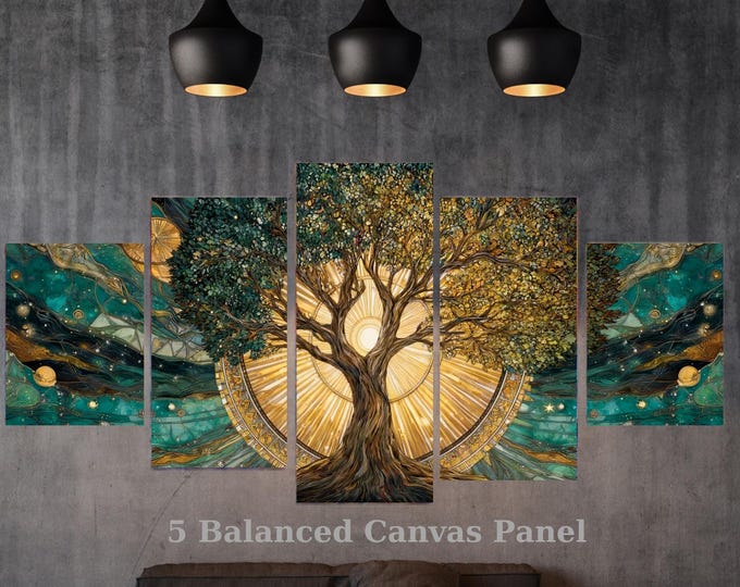 5 Piece Tree of Life Canvas Wall Art, Klimt Style Abstract Golden Tree, Multi Panel Framed Ready to Hang Decor, Luxury Housewarming Gift