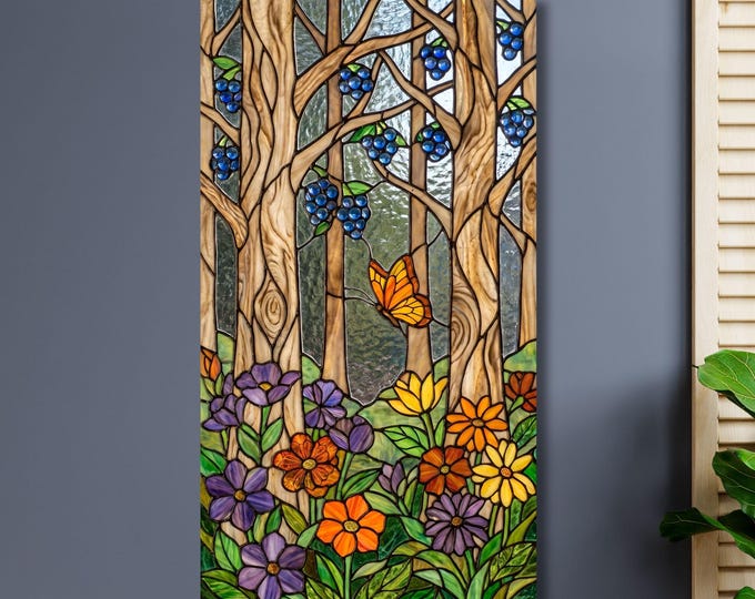 Long Narrow Canvas Wall Art Vertical Nature Print Tall Stained Glass Nature Mural, Wall Decor for Hallway, Entryway or Small Space Styling