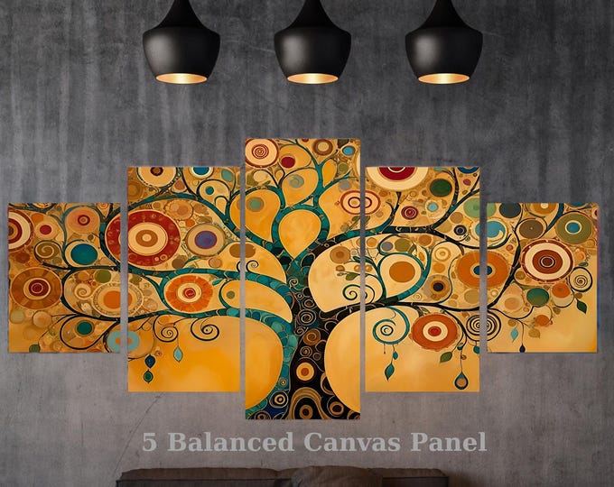 5 Tree of Life Canvas Art, Klimt Style Abstract Golden Tree, Framed Ready Hang