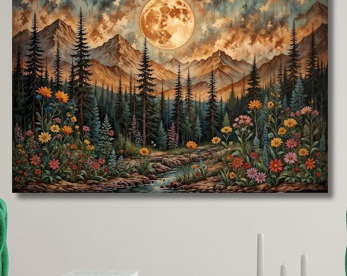 Klimt Inspired Moonlit Forest Canvas Art: Rustic Mountain Flower Print