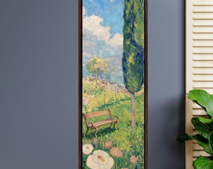 Klimt Style Wildflower Garden Tall Narrow Canvas, Botanical Nature Wall Art, Rustic Floral Vertical Print for Hallway or Bedroom art gift