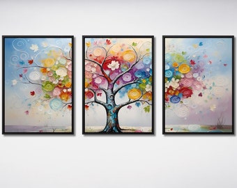 Set of 3 Tree Of Life Canvas Wall Art Klimt style Tree Of Life Boho Living room Wall Decor Maximalist, Nature Lover Stained Glass Effect