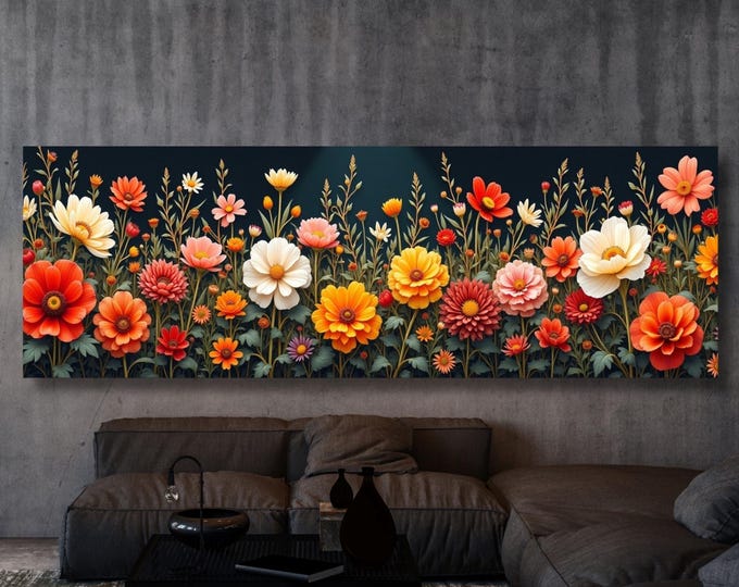 Botanical Garden Wildflowers Pattern Canvas Wall Art Botanical Ready to Hang Horizontal Decor Extra Large Wall Art Framed Art Home Poster