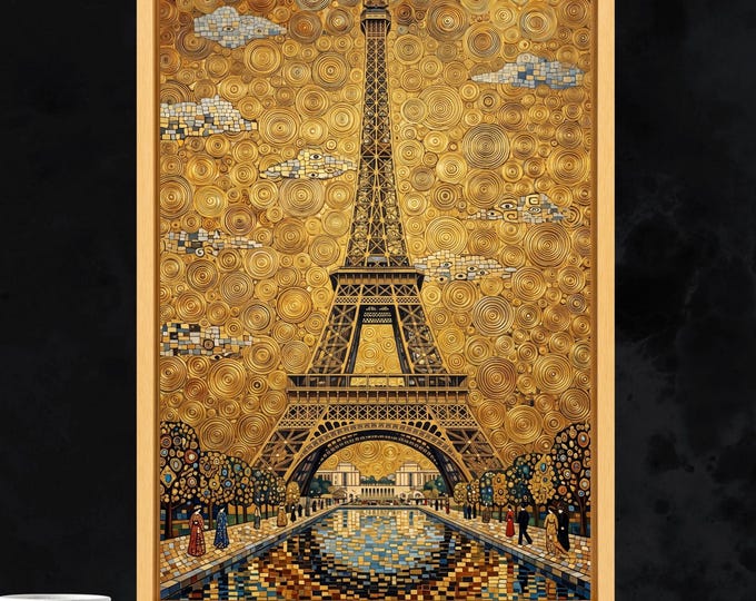 Eiffel Tower Canvas Print, Golden Paris Wall Art, Klimt Style Decor