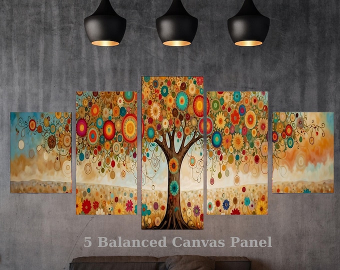 5 Piece Gold Tree of Life Canvas Set, Klimt Style Tree of Life Wall Art, Multi Panel Framed Luxury Decor, Large Floral Mural Gift