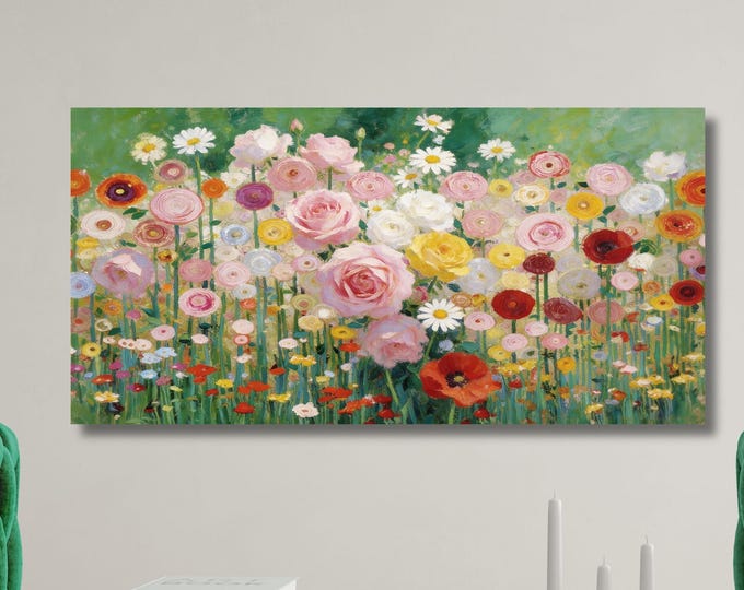 Gustav Klimt Inspired Flower Garden Canvas Wall Art, Panoramic Wildflower Meadow Painting, Floral Impressionist Decor, Large Horizontal Art