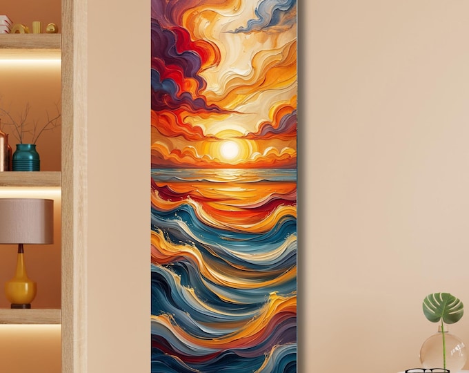 Panoramic Sunset Ocean wave Canvas Wall Art,Framed Canvas Japanese Style Mid Century Exhibition Long Narrow Print,Large Modern Living Room