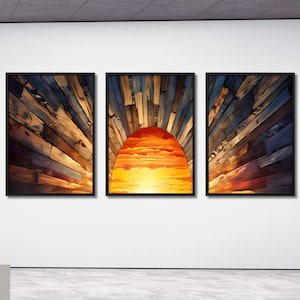 Set of 3 Sunrise Wood Wall Art Above Bed Decor Canvas Wooden Long Sunshine Bedroom Wall hanging setting sun rising sun Canvas Wall Art decor