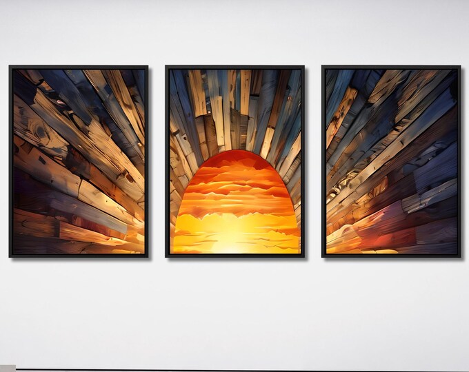Set of 3 Sunrise Wood Wall Art Above Bed Decor Canvas Wooden Long Sunshine Bedroom Wall hanging setting sun rising sun Canvas Wall Art decor