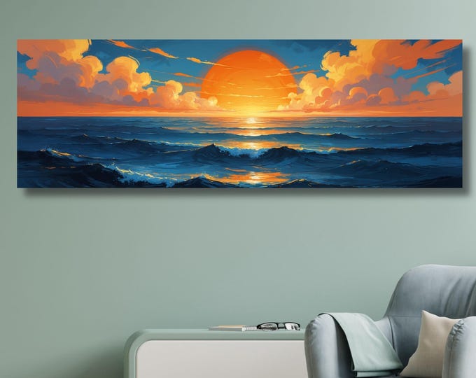 Sunset Panoramic Wall Art,Warm Sun Canvas Print,Minimalist Sunset Wall Decor,Boho Landscape Canvas, Nature Sun Art for Living Room Wall art