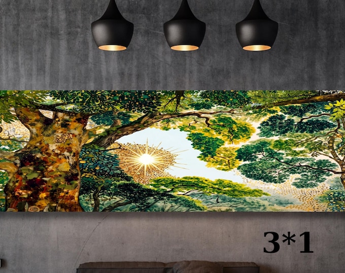 Panoramic Wall Art Exhibition Poster - Forest Botanical Canvas Wall Art, Green Woodland Decor