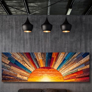 Sunrise Wood Look Wall Art Above Bed Decor Print Canvas Wood Long Sunlight Bedroom Wall Hanging Sunrise Sun Canvas Wall Office Print gift