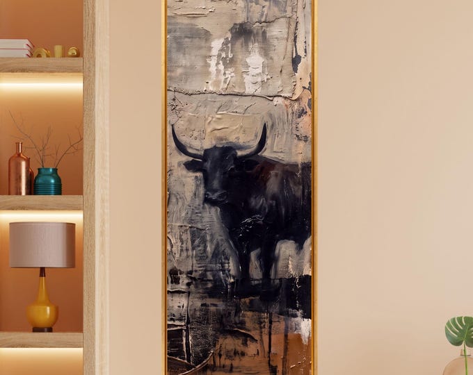 Long Abstract Western Landscape Canvas Wall Art, Neutral Cattle Painting on Textured Canvas, Extra Large Modern Ranch Decor