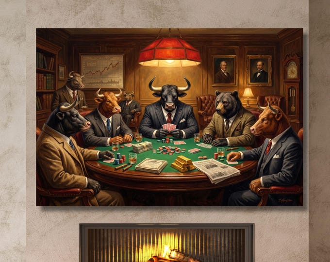 Wall Street Bull And Bear Playing Poker Canvas Print, Funny Finance Wall Art For Men, Boss Office Decor