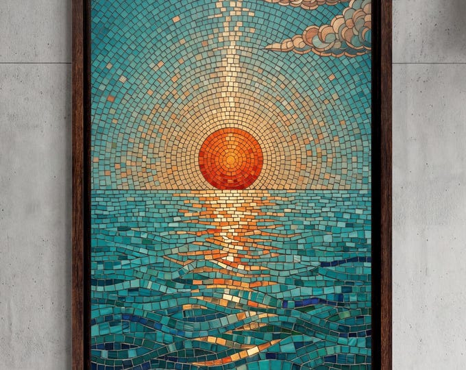 Panoramic Mosaic Sea Sun Canvas Art, Abstract Waves Beach Wall Art