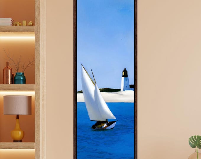 Edward Hopper Style Canvas Art,The Long Leg Reimagined,Vertical Sailing Wall Decor, Modern Nautical Lighthouse Print, Tall Coastal Wall Art