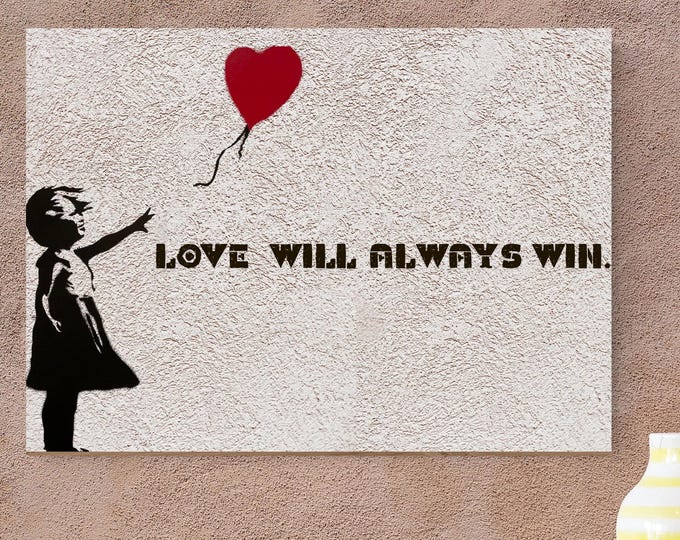 Banksy Love Will Always Win Canvas Wall Art, Girl with Heart Balloon Graffiti, Framed Ready to Hang Modern Street Art, Inspirational Poster