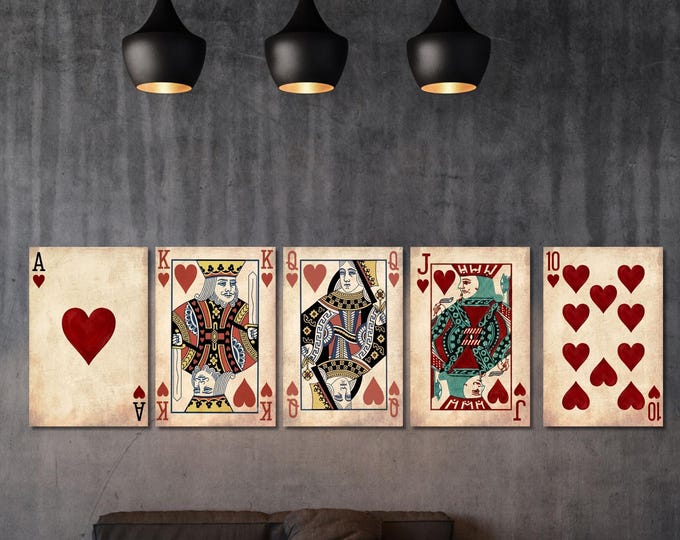 Poker Cards Canvas Wall Art Set of 5, Royal Flush Hearts Playing Cards Print, Game Room Decor Polyptych, Vintage Casino Wall Decor Poster