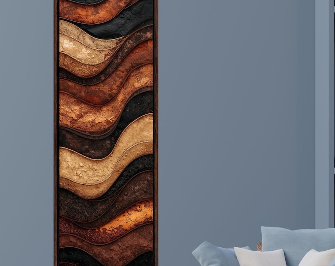 Tree Rings Long Narrow Canvas – Rustic Wood Texture Print Wall Art for Hallway or Above Bed – Natural Earth Tone Print Abstract Brown Black