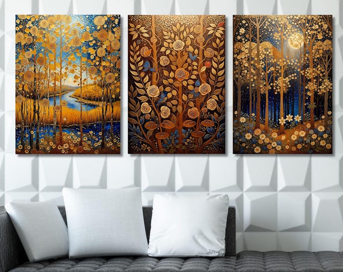 Set of 3 Sunrise Canvas Wall Art Above Bed Decor Full Moon Wildflower, Flower Garden Flower Market canvas,Moonlit Pine Tree Forest Rustic