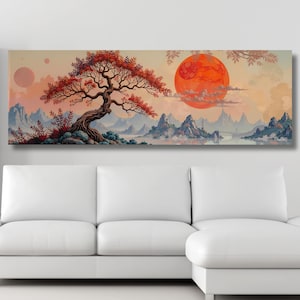 Panoramic Japanese Maple Tree at Sunset canvas Wall Art Tree Of Life Vintage Japanese Inspired Tree Sunset Print Canvas Art Retro Japanese