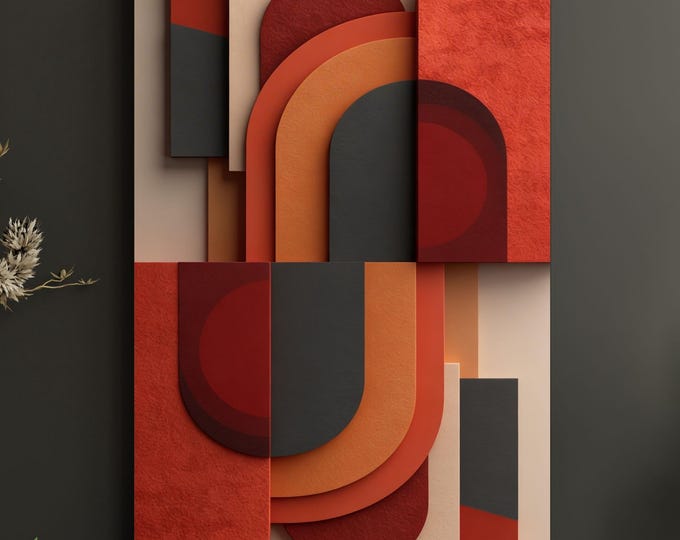 Terracotta Geometric Abstract Canvas, Textured Relief Style Wall Art, Gold Framed Modern Mid Century Poster, Warm Earth Tones Decor
