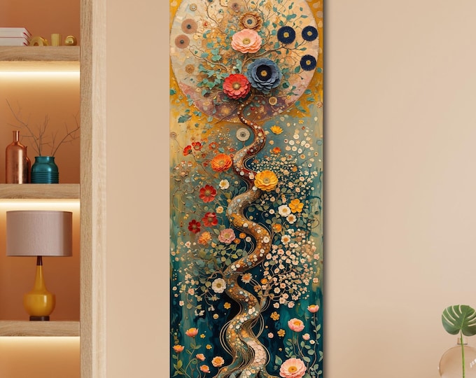 Vertical Canvas Print, Modern Floral Tree Art, Hallway Decor