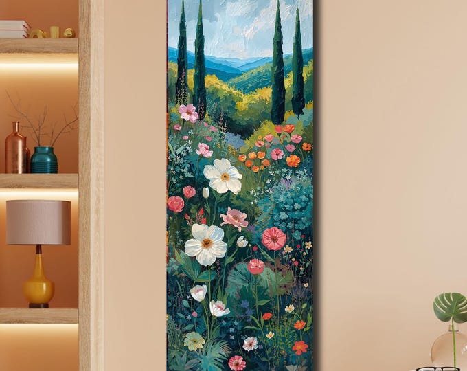 Klimt Style Wildflower Garden Tall Narrow Canvas, Botanical Nature Wall Art, Rustic Floral Vertical Print for Hallway or Bedroom art gift