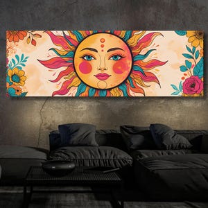Panoramic Sunset over the Emerald Green Canvas Wall Art,Boho Wall Art Minimal Horizontal Wall Art Vintage Sunset Painting Sunset Print gift