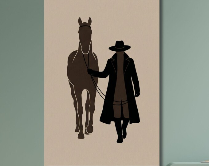 Minimalist Western Silhouette Artwork, Large Neutral Ranch Contemporary Decor Modern Cowgirl and Horse Wall Art