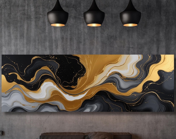 Panoramic Abstract Canvas Wall art, White Yellow blue Marble Canvas, Luxury Art, Abstract Decor, Abstract wall art Canvas, Contemporary Art