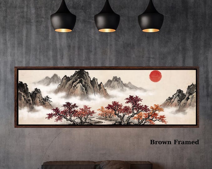 Panoramic Japanese Mountain Landscape Wall Art – Vintage Asian Red Sun Framed Horizontal Print