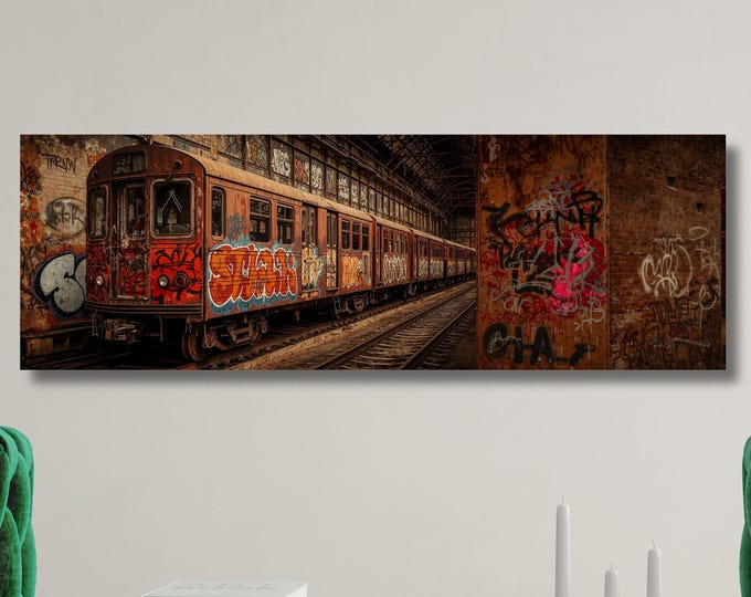 Panoramic Graffiti Subway Train Canvas Print, Urban Street Art Wall Decor, Industrial NYC Pop Art, Modern Graffiti Wall Art Canvas Banksy