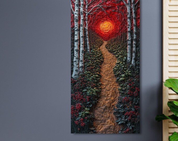 Long Narrow Canvas Wall Art Red Sunset Forest Path Canvas Wall Art – Abstract Nature Landscape Modern Decor