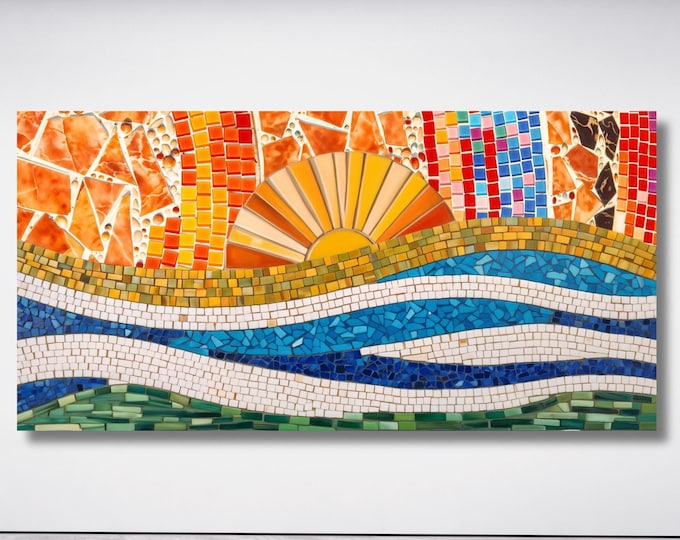 Long Sunshine Canvas, Bedroom Wall Art, Sunrise Mosaic Wall Art Above Panoramic Sun Wall Art Christmas Gift Artwork Sunset Canvas Wall Art