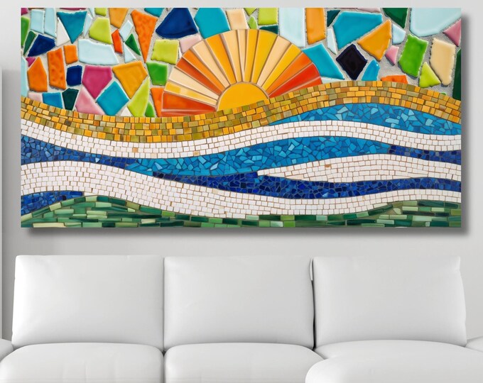 Long Sunshine Canvas, Bedroom Wall Art, Sunrise Mosaic Wall Art Above Panoramic Sun Wall Art Christmas Gift Artwork Sunset Canvas Wall Art