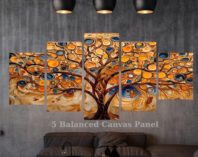 5 Piece Tree of Life Canvas Wall Art, Klimt Style Abstract Golden Tree, Multi Panel Framed Ready to Hang Decor, Luxury Housewarming Gift