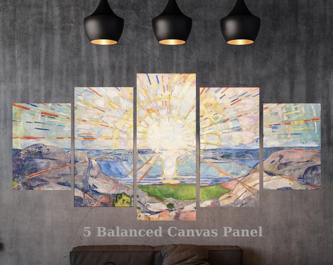 Edvard Munch The Sun (Solen) Canvas Wall Art, 5 Piece Multi Panel Sun Painting, Expressionist Landscape Mural, Modern Gallery Art Set