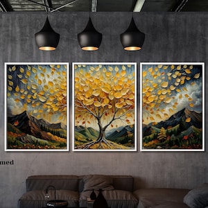 Set of 3 Tree Of Life Canvas Wall Art Klimt style Tree Of Life Boho Living room Wall Decor Maximalist, Nature Lover Stained Glass Effect
