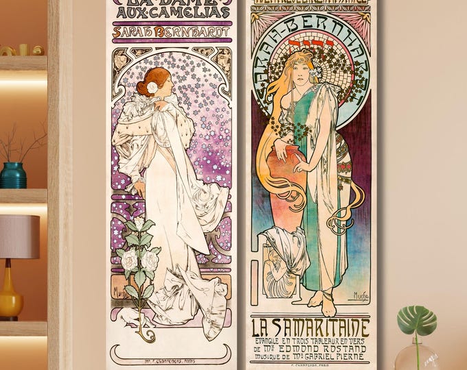 Set of 2 Alphonse Mucha Long Canvas – La Dame aux Camelias & La Samaritaine Art Nouveau Prints